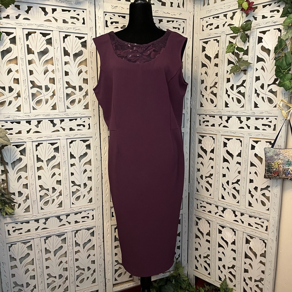 MAYA BROOKE PERFECTLY PLUM PURPLE SLEEVELESS STRETCHY PLUS FANCY MIDI DRESS
